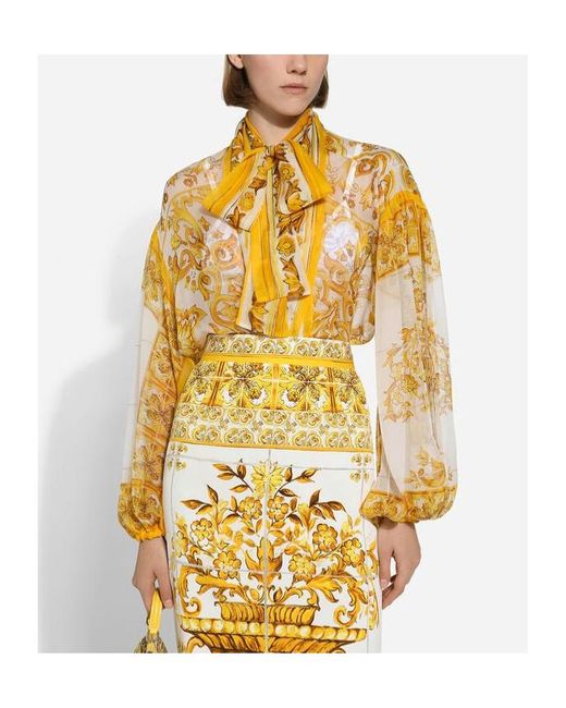 Dolce & Gabbana Yellow Chiffon Pussy-Bow Shirt With Majolica