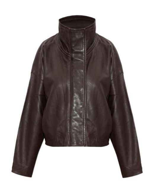 AllSaints Brown High-Necked Long-Sleeved Leather Jacket