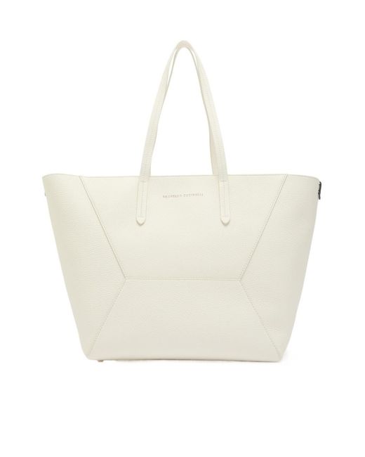 Brunello Cucinelli White Bead Medium Grained Leather Tote Bag