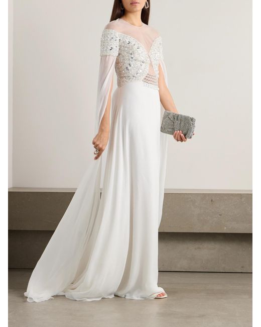 Georges Hobeika White Tulle-Trimmed Embellished Georgette Gown