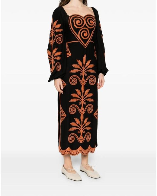 Farm Rio Black Cornely Ainika Long-Sleeve Midi Dress