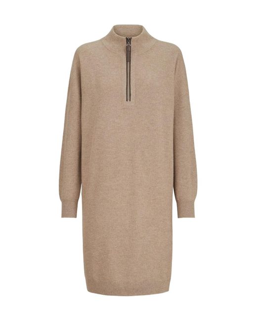 Brunello Cucinelli Natural Virgin Wool, Cashmere And Silk Rib-Knit Dress With Precious Half-Zip