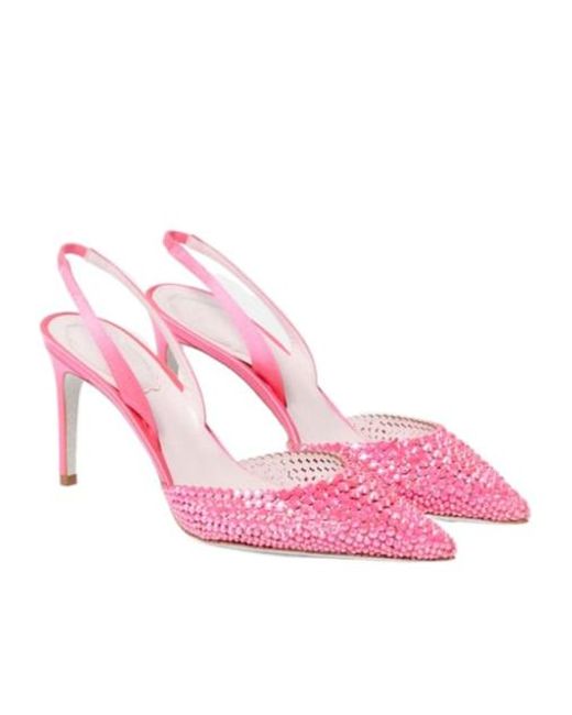 Rene Caovilla Pink Embellished Satin Slingback Sandals
