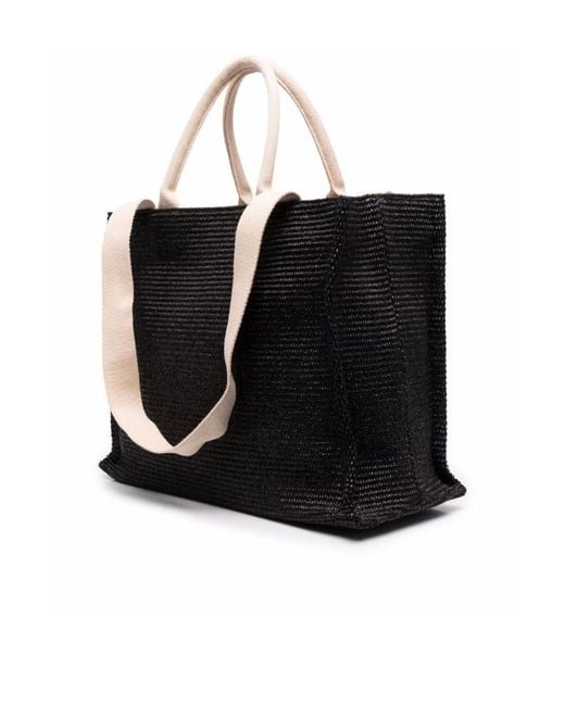 Marni Black Logo Embroidered Raffia Top Handle Tote Bag for men