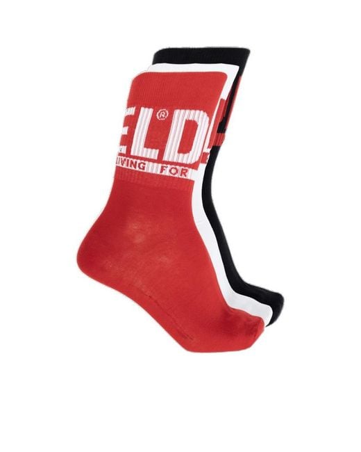 DIESEL Red Skm-Ray-Threepack Logo Cuff Socks for men
