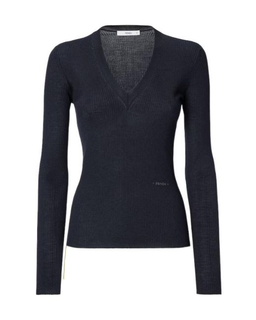 Fendi Blue Wool Ribbed Sweater