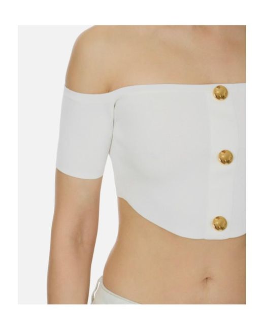 Elisabetta Franchi White Buttoned Off-Shoulder Knitted Top