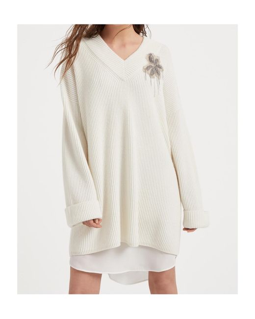 Brunello Cucinelli White V-Neck Embellished Knit Mini Dress