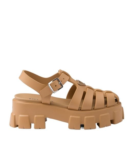 Prada Brown Foam Triangle-Logo Ankle Strapped Sandals