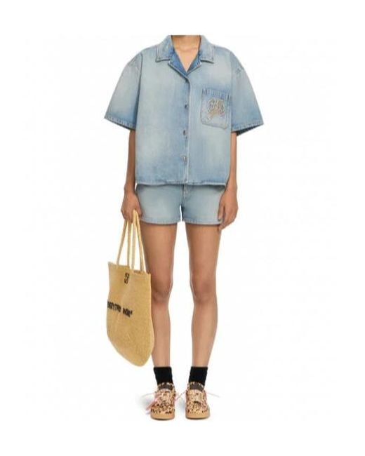 Off-White c/o Virgil Abloh Blue College Patch Denim S/S Shirt