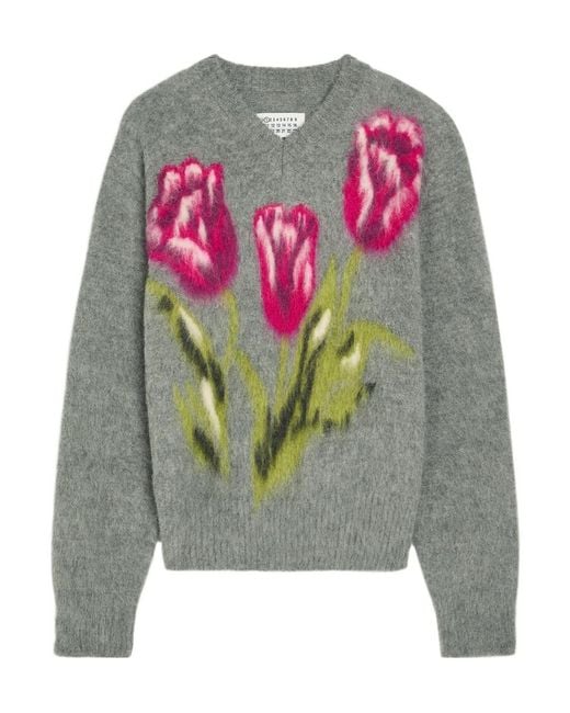 Maison Margiela Gray Floral-Intarsia Brushed Wool-Blend Jumper
