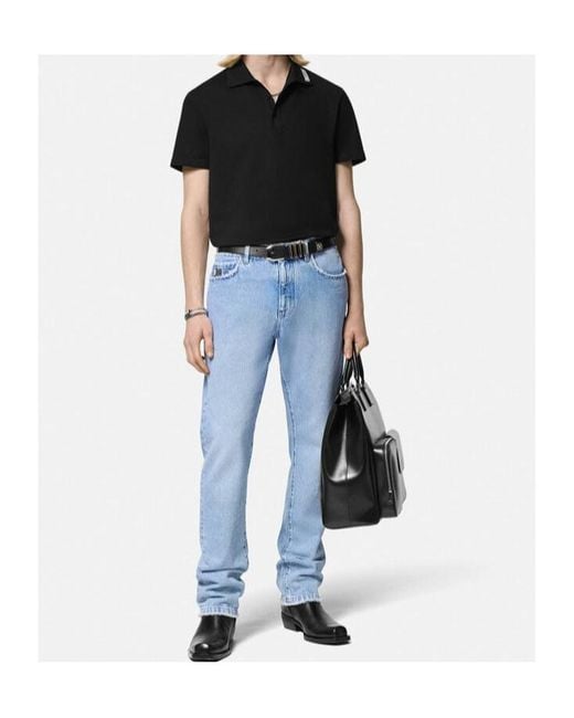 Versace Black Logo Patch Short-Sleeved Polo Shirt for men