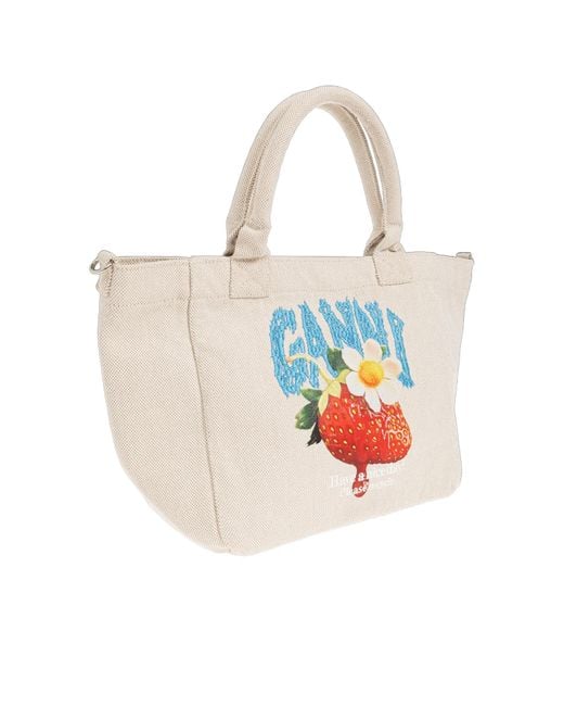 Ganni White Strawberry Printed Small Tote Bag
