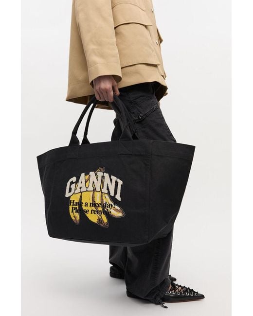 Ganni Black Xxl Banana Printed Tote Bag