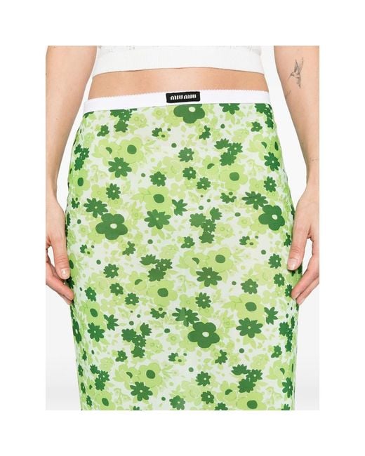 Miu Miu Green Floral-Printed Midi Skirt
