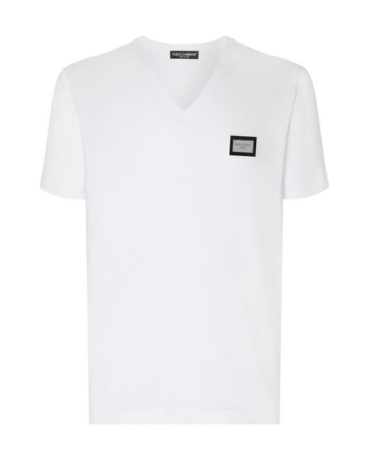 Dolce & Gabbana White Logo Patch V-Neck T-Shirt for men