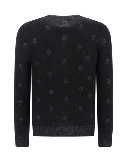 McQueen Black Skull Pattern Knitted Wool Sweater for men