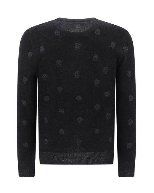 McQueen Black Skull Pattern Knitted Wool Sweater for men