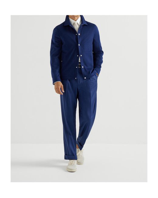 Brunello Cucinelli Blue Flannel-Texture Cashemere Shirt Jacket for men