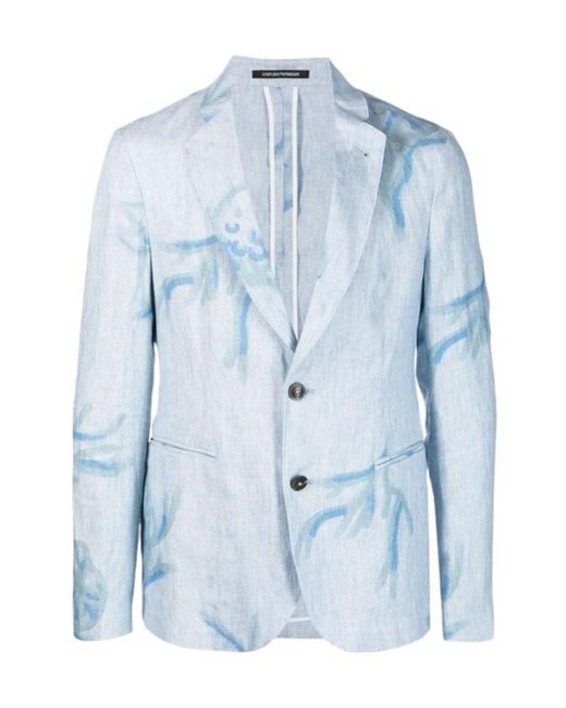 Emporio Armani Blue Graphic-Print Linen Blazer for men