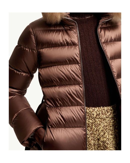 Moncler Brown Leersies Shearling Trimmed Hooded Long Down Coat