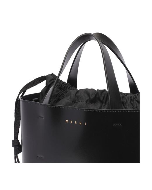 Marni Black Logo Printed Drawstring Tote Bag