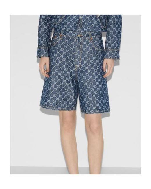 Gucci Blue Leather-Trimmed Denim Bermuda Shorts