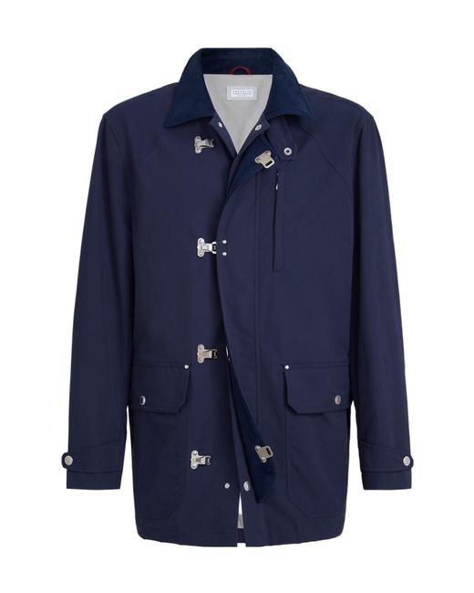Brunello Cucinelli Blue Hook Fastened Long Sleeved Jacket for men