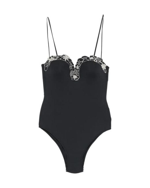 Twinset Black Floral-Embroidered Swimsuit