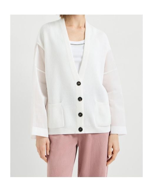 Brunello Cucinelli White Organza Sleeved Ribbed Cardigan