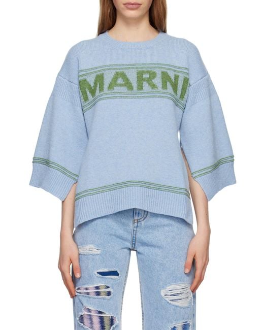 Marni Blue Logo Intarsia-Knit Crewneck Jumper