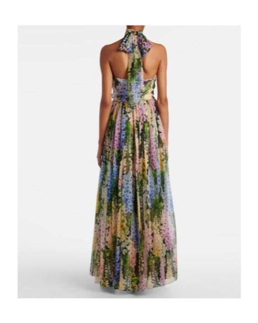 Oscar de la Renta Blue Floral Gathered Silk Chiffon Gown