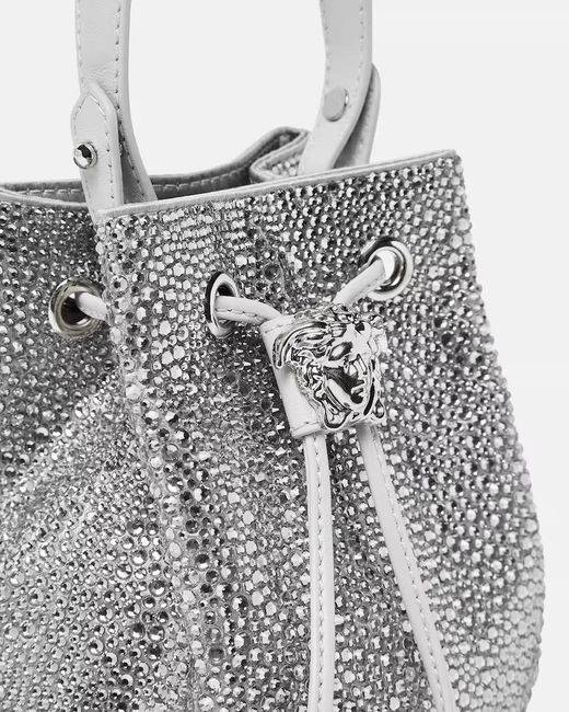 Versace Gray La Medusa Embellished Satin Mini Bucket Bag