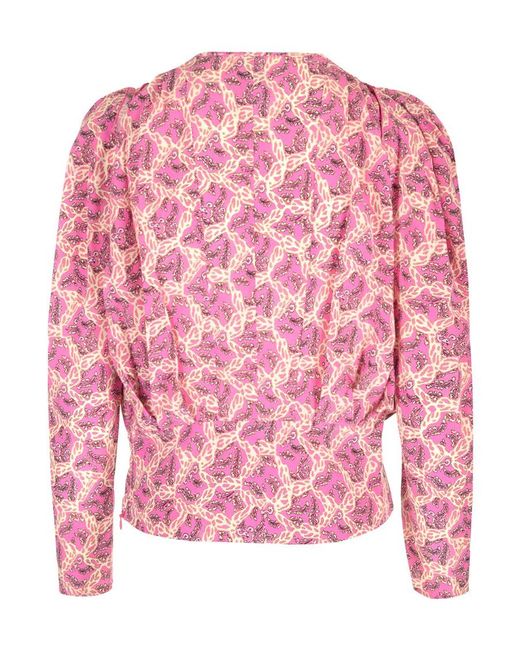 Isabel Marant Pink Floral Printed Long Puff-Sleeved Blouse