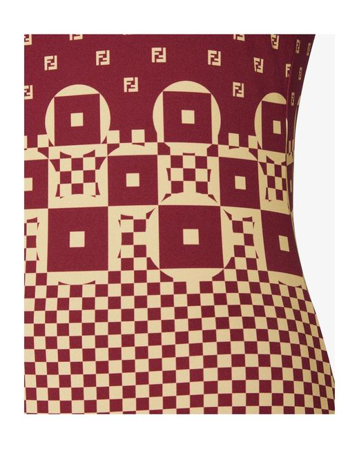 Fendi Red Micro Patchwork Print Lycra One Piece Swimsuit