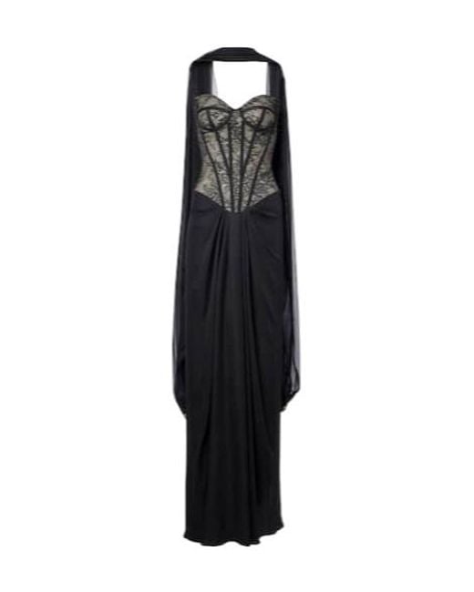 Monique Lhuillier Black Scarf-Detail Draped Lace Gown
