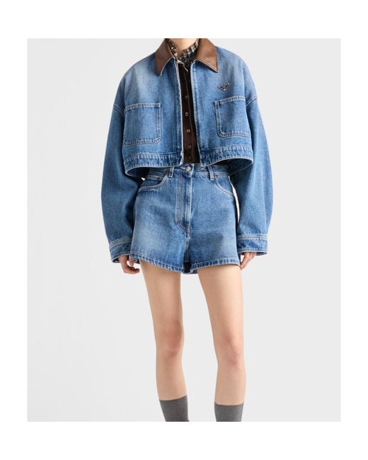 Prada Blue Leather-Collar Cropped Denim Jacket