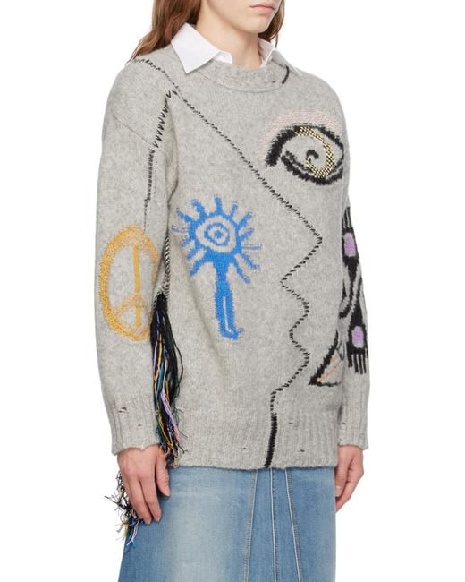 Stella McCartney White Art Embroidered Crewneck Knit Sweater