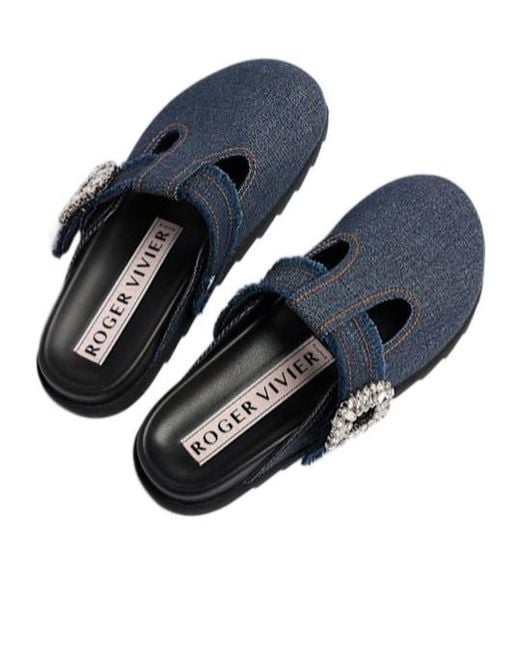 Roger Vivier Blue Slidy Viv Denim Mules