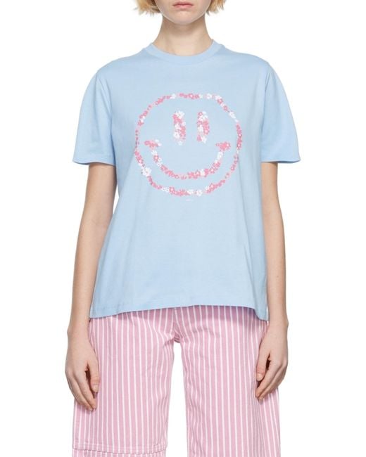 Ganni Blue Smiley Crewneck T-Shirt