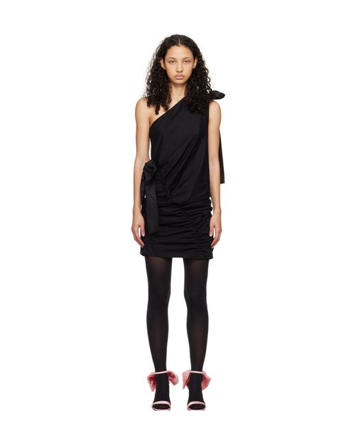 MSGM Black One-Shoulder Gathered Detailed Mini Dress