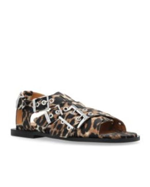 Ganni Black Leopard Printed Sandals