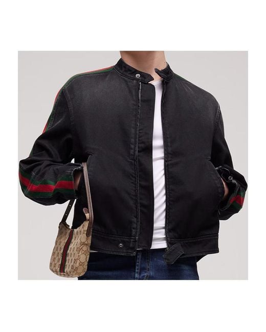 Gucci Black Web Detailed Denim Biker Jacket for men