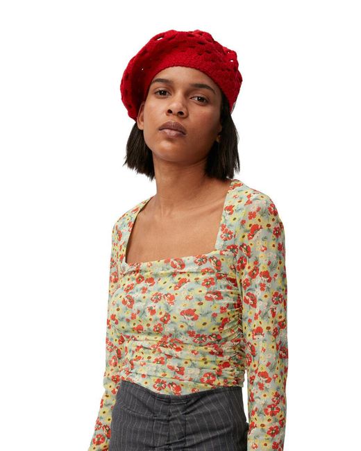 Ganni Green Floral Printed Square Neck Top