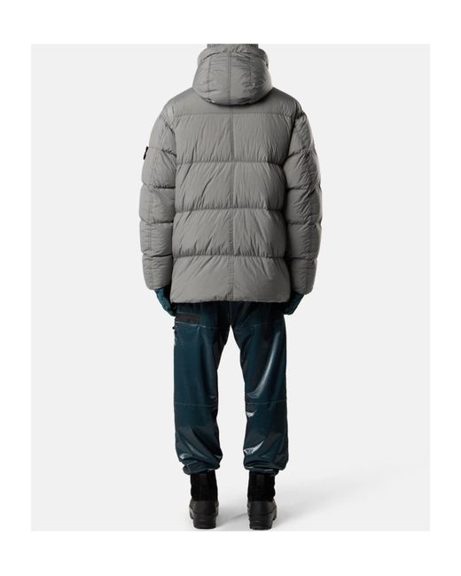 Stone Island Gray Quilted Hooded Down Jacket With Angular Flap Pockets for men