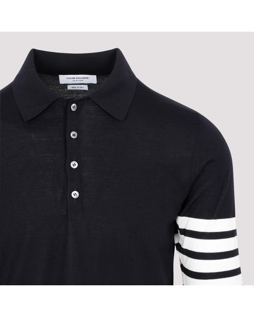 Thom Browne Blue Four-Stripe Wool Short-Sleeved Polo Shirt for men