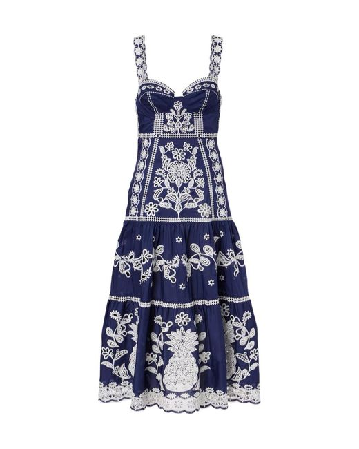 Farm Rio Blue Embroidered Cotton Midi Dress