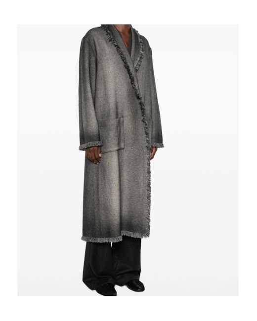 Avant Toi Gray Fringed-Trim Herringbone-Weave Coat