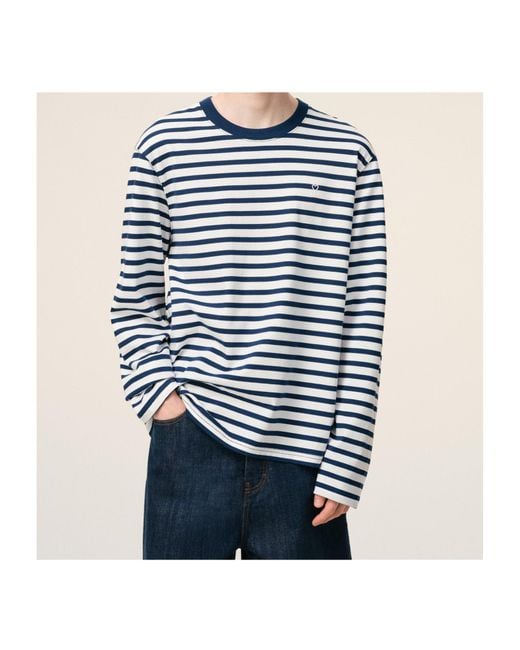 AMI Blue Long Sleeves Boxy Fit Mariniere Teeshirt With Ami De Coeur Patch for men