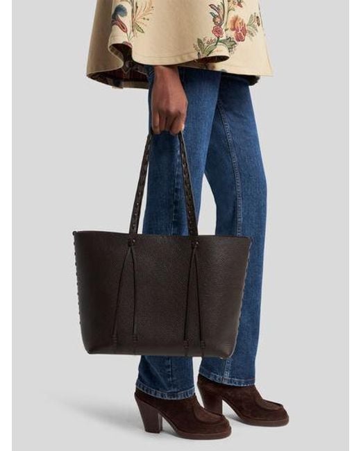 Etro Black Essential Medium Leather Tote Bag With Threading